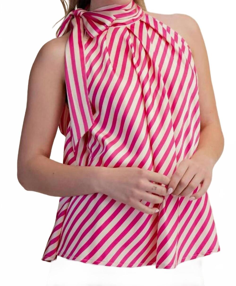 NEW GLAM high collar tie neck sleeveless stripe top in pink